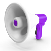 Ícone de megafone branco com detalhes roxos representando comunicação e anúncios